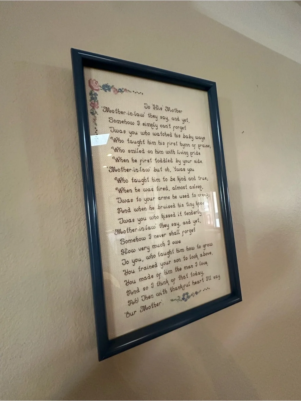 Framed 'To His Mother' Cross-Stitch Wall Art - Blue Frame
